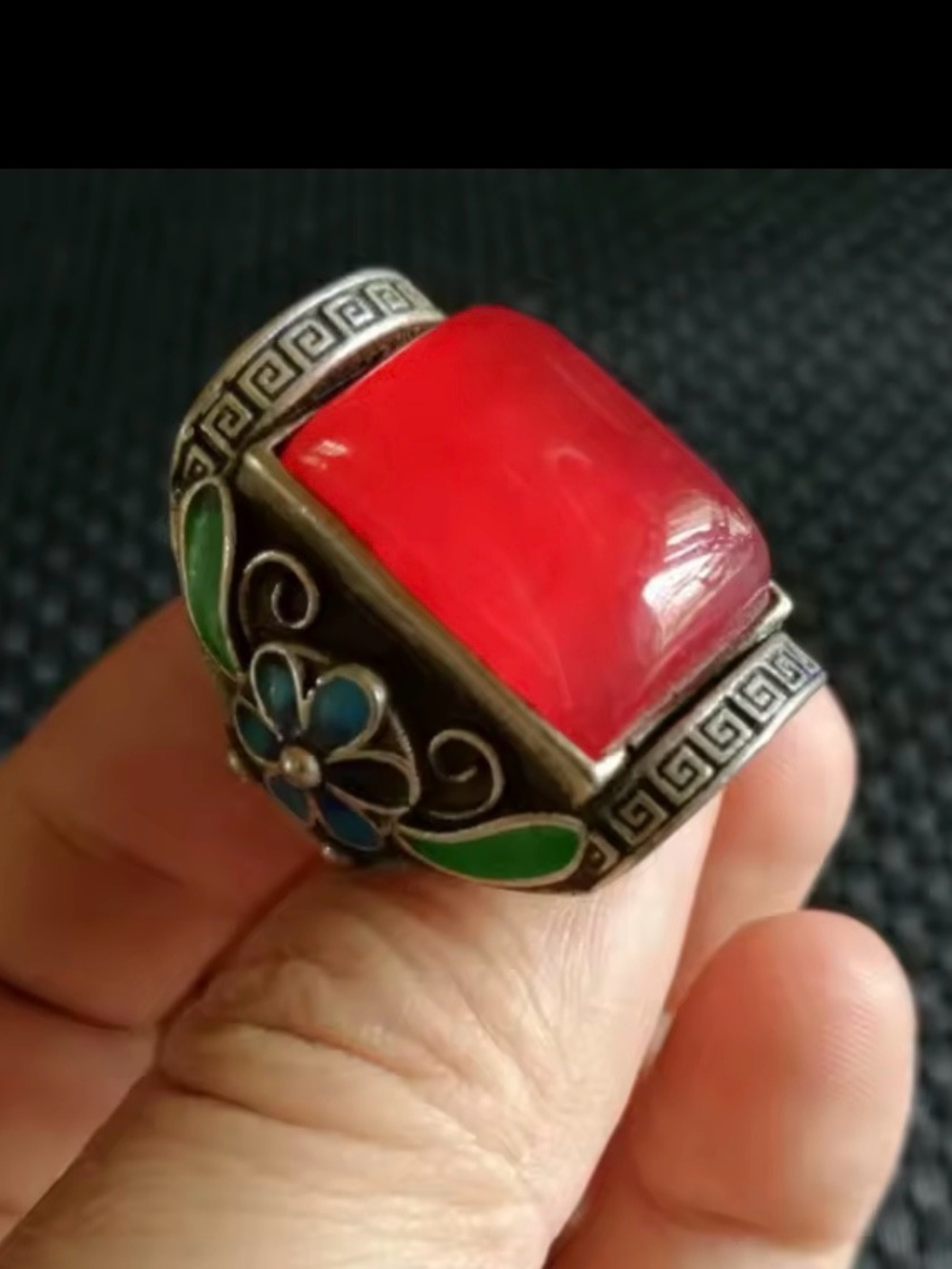 Bold Red Stone Floral Accent Silver Ring